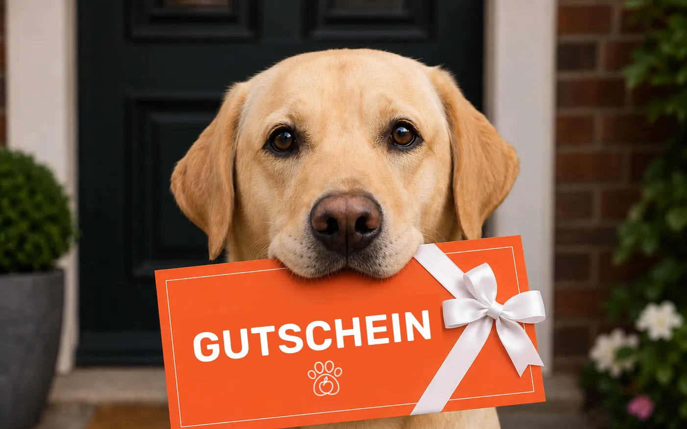 Dog holds a gift voucher with a bow in its mouth