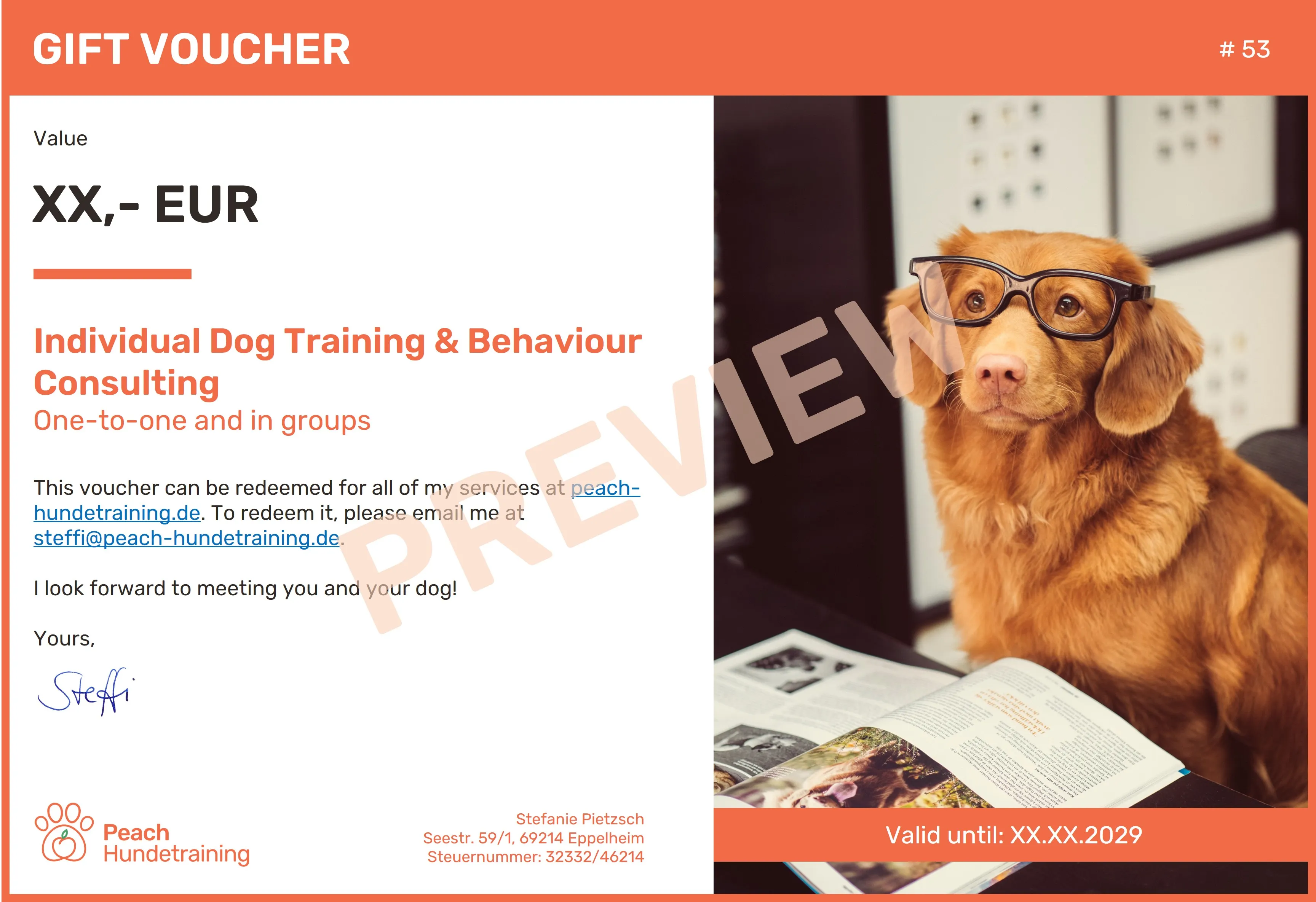 Preview of the Peach Hundetraining gift voucher with a value field and a photo of a dog wearing glasses