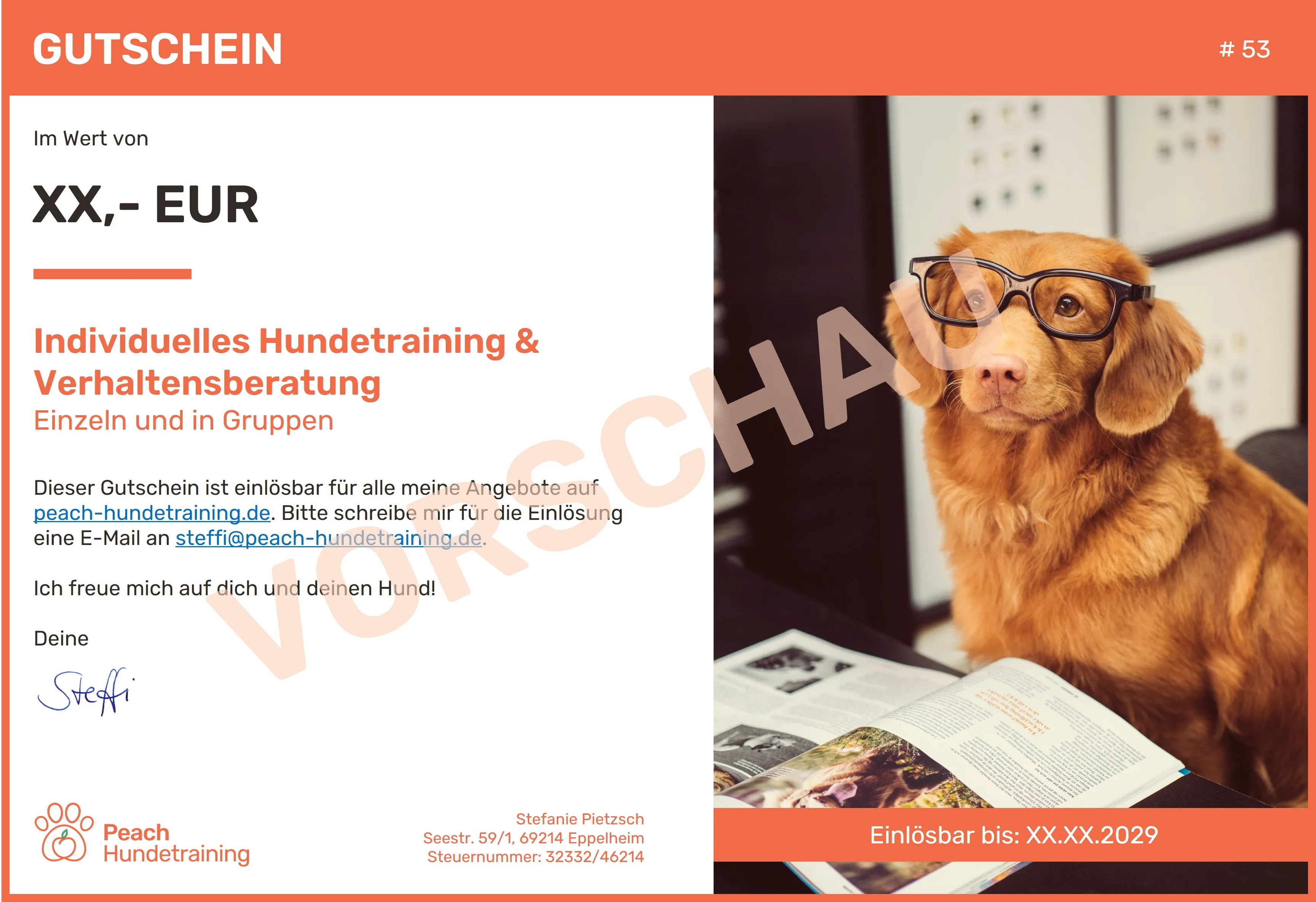 Vorschau des Peach-Hundetraining-Gutscheins mit Wertfeld und Hund-mit-Brille-Foto