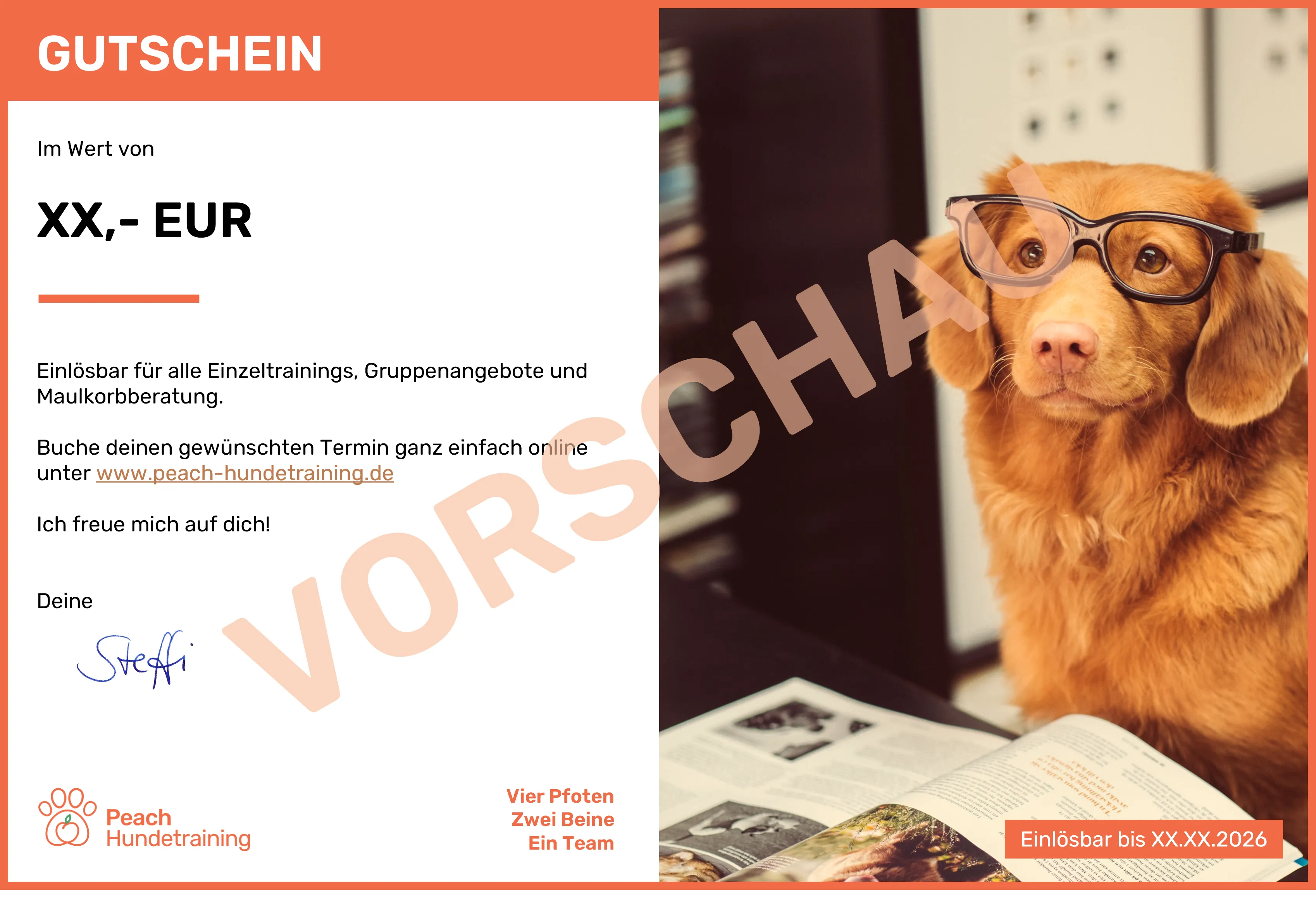 Preview of the Peach Hundetraining gift voucher with a value field and a photo of a dog wearing glasses